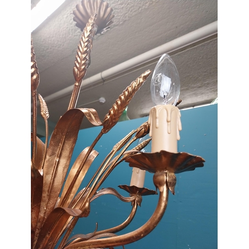 402 - Good quality gilded metal five branch wheat sheaf chandelier. {56 cm H x 42 cm Dia.}.