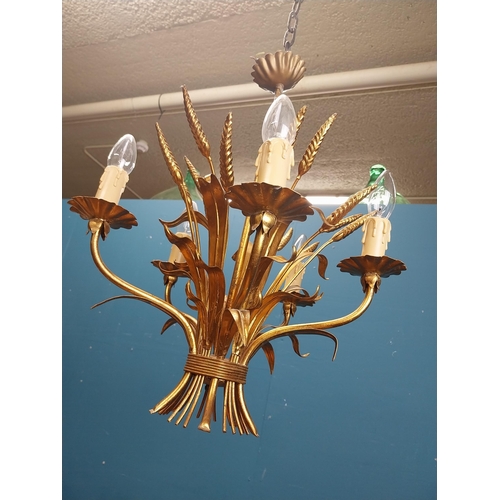 402 - Good quality gilded metal five branch wheat sheaf chandelier. {56 cm H x 42 cm Dia.}.