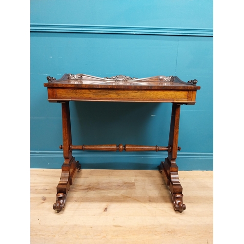 417 - William IV rosewood side table on carved uprights and single turned stretcher. {75 cm H x 70 cm W x ... 