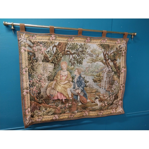 423 - Decorative tapestry depicting courting couple in garden with fountain. {96 cm H x 137 cm W}.