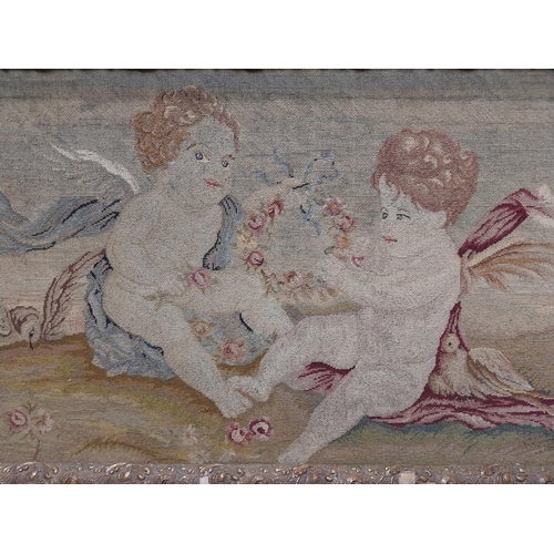 425 - 18th C. French tapestry depicting cherubs holding floral wreath mounted in carved giltwood frame. {5... 