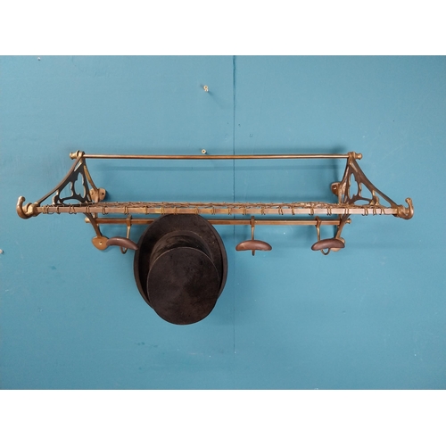 44 - Early 20th C. brass luggage rack with hat and coat rack. {30 cm H x 71 cm W x 35 cm D}.