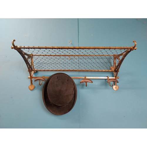 44 - Early 20th C. brass luggage rack with hat and coat rack. {30 cm H x 71 cm W x 35 cm D}.