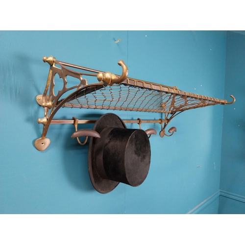 44 - Early 20th C. brass luggage rack with hat and coat rack. {30 cm H x 71 cm W x 35 cm D}.