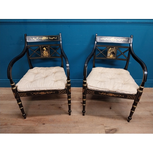 442 - Pair of good quality ebonised and gilded open armchairs in the Empire style with upholstered and ber... 