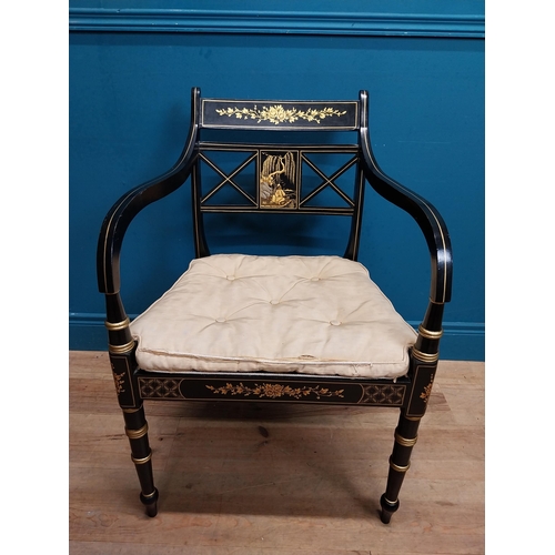 442 - Pair of good quality ebonised and gilded open armchairs in the Empire style with upholstered and ber... 