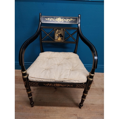 442 - Pair of good quality ebonised and gilded open armchairs in the Empire style with upholstered and ber... 