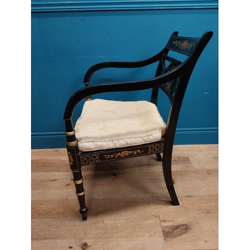 442 - Pair of good quality ebonised and gilded open armchairs in the Empire style with upholstered and ber... 