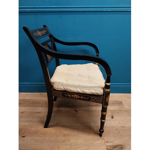 442 - Pair of good quality ebonised and gilded open armchairs in the Empire style with upholstered and ber... 