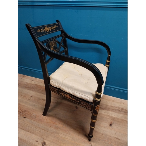 442 - Pair of good quality ebonised and gilded open armchairs in the Empire style with upholstered and ber... 