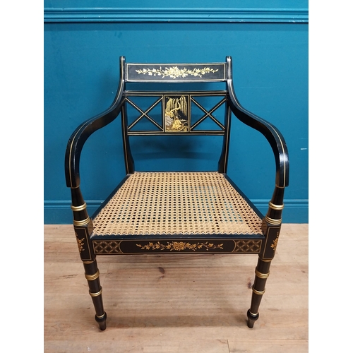 442 - Pair of good quality ebonised and gilded open armchairs in the Empire style with upholstered and ber... 