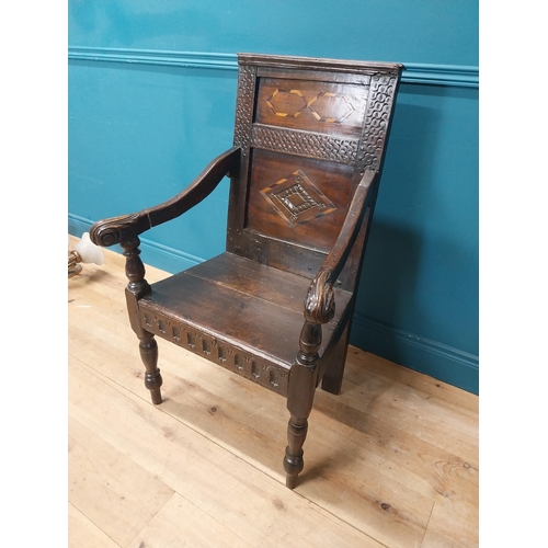 443 - 19th C. oak throne chair raised on turned legs with arms terminating in scroll detail  and inlaid pa... 