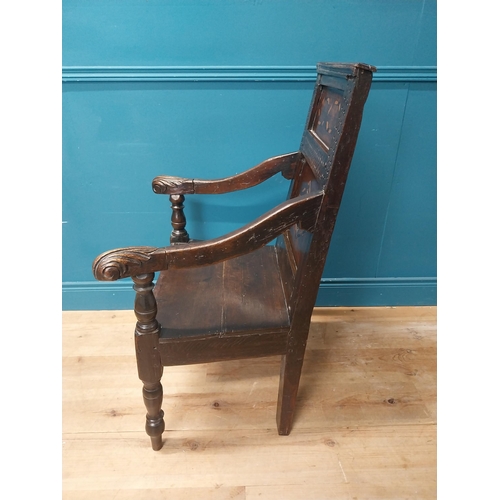 443 - 19th C. oak throne chair raised on turned legs with arms terminating in scroll detail  and inlaid pa... 