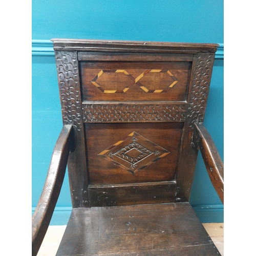 443 - 19th C. oak throne chair raised on turned legs with arms terminating in scroll detail  and inlaid pa... 