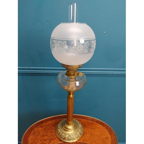 444 - Early 20th C. brass table lamp with clear glass bowl and etched shade. {70 cm H x 21 cm Dia}.