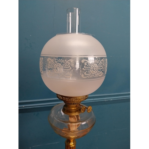 444 - Early 20th C. brass table lamp with clear glass bowl and etched shade. {70 cm H x 21 cm Dia}.