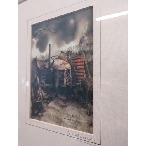 448 - Framed Tractor print  signed George A Gourley. {48 cm H x 42 cm W}.