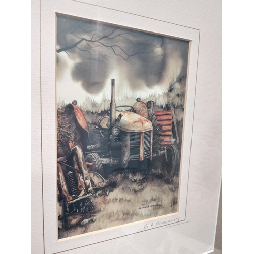 448 - Framed Tractor print  signed George A Gourley. {48 cm H x 42 cm W}.