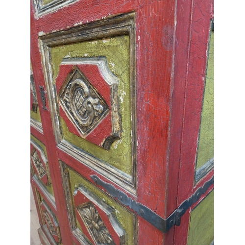 453 - 19th C. painted pine two door cupboard with eight raised carved panels with floral decoration. {149 ... 