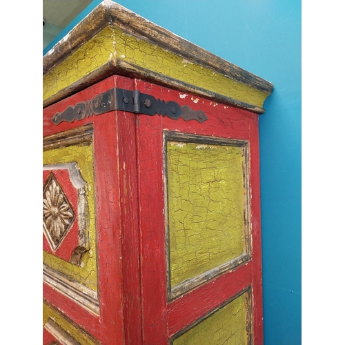 453 - 19th C. painted pine two door cupboard with eight raised carved panels with floral decoration. {149 ... 