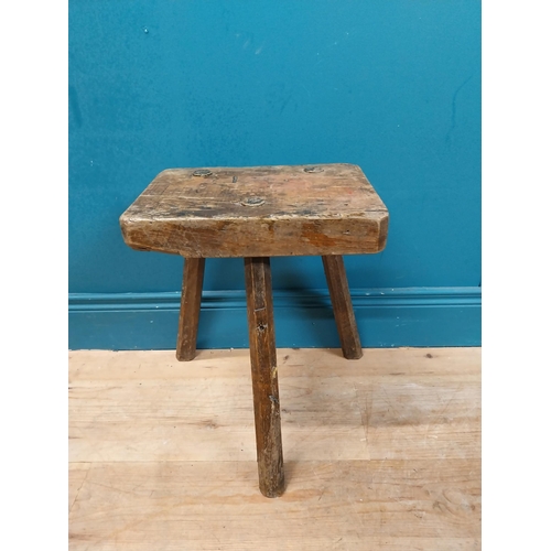 477 - Early 19th C. three legged pine carpenter's stool with square seat. {44 cm H x 38 cm W x 36 cm D}.