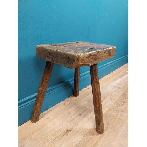 477 - Early 19th C. three legged pine carpenter's stool with square seat. {44 cm H x 38 cm W x 36 cm D}.