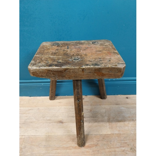 477 - Early 19th C. three legged pine carpenter's stool with square seat. {44 cm H x 38 cm W x 36 cm D}.