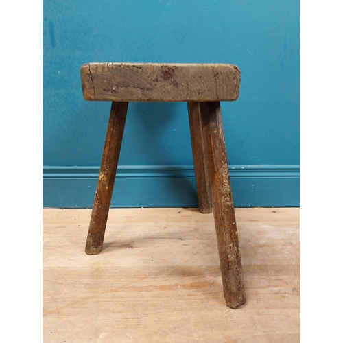 477 - Early 19th C. three legged pine carpenter's stool with square seat. {44 cm H x 38 cm W x 36 cm D}.