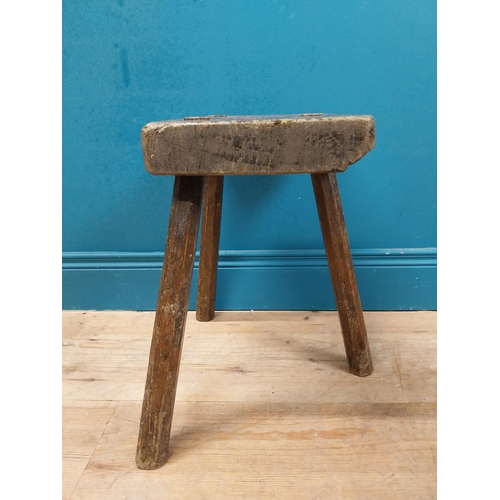 477 - Early 19th C. three legged pine carpenter's stool with square seat. {44 cm H x 38 cm W x 36 cm D}.