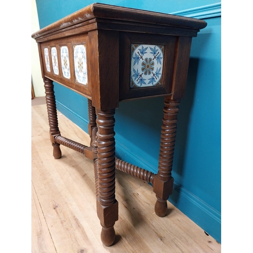 486 - Early 20th C. oak jardiniere with tile inserts on spiral legs and x frame stretcher. {96 cm H 107 cm... 