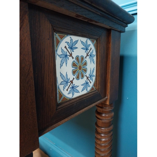 486 - Early 20th C. oak jardiniere with tile inserts on spiral legs and x frame stretcher. {96 cm H 107 cm... 