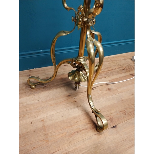 501 - Good quality Art Nouveau brass standard lamp with red cloth shade on tripod base. {190 cm H x 60 cm ... 