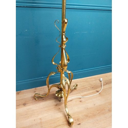 501 - Good quality Art Nouveau brass standard lamp with red cloth shade on tripod base. {190 cm H x 60 cm ... 