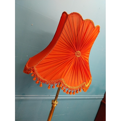 501 - Good quality Art Nouveau brass standard lamp with red cloth shade on tripod base. {190 cm H x 60 cm ... 