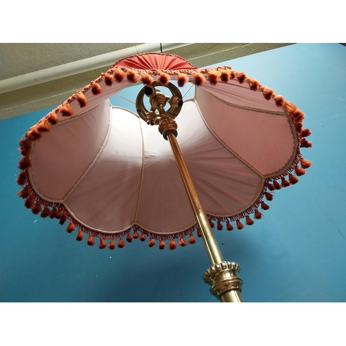 501 - Good quality Art Nouveau brass standard lamp with red cloth shade on tripod base. {190 cm H x 60 cm ... 