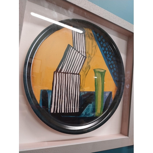 503 - Pair of framed William Crozier ceramic plates. (Reproduction of Skibbereen Tin Tray) {31 cm Dia.}.