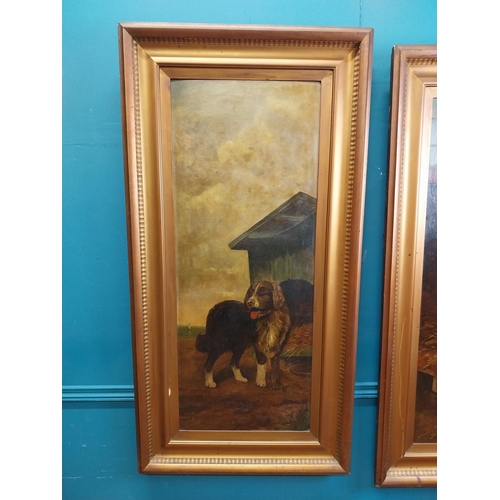 504 - Pair of 20th C. framed oil on canvas paintings Dogs signed M Trimble Feb 1915. {126 cm H x 24 cm W}.