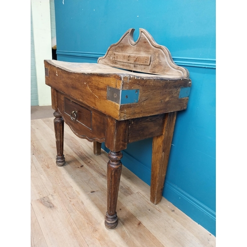 510 - Early 20th C. French pine butcher's block with single drawer in carved frieze on turned legs. {120 c... 