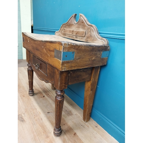 510 - Early 20th C. French pine butcher's block with single drawer in carved frieze on turned legs. {120 c... 