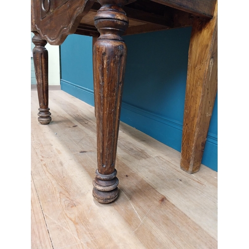 510 - Early 20th C. French pine butcher's block with single drawer in carved frieze on turned legs. {120 c... 