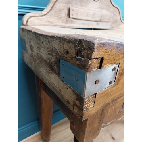 510 - Early 20th C. French pine butcher's block with single drawer in carved frieze on turned legs. {120 c... 