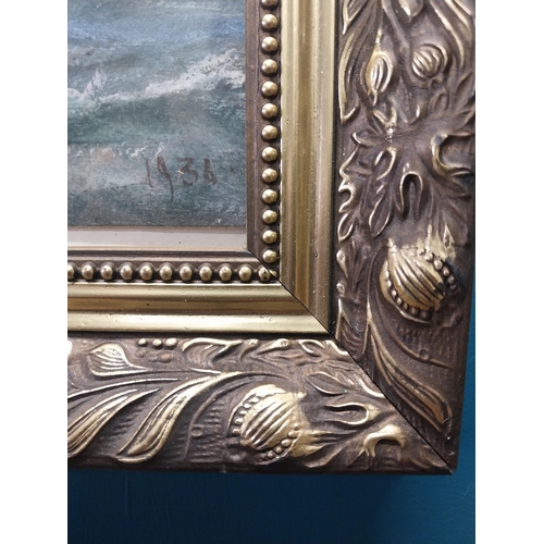 520 - Early 20th C. watercolour mounted in carved gilt frame Maritime Scene J Downie 1934. { 50cm H X 61cm... 