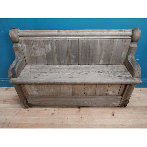 532 - Early 20th C. pine hall bench in the Ecclesiastical style. {80 cm H x 118 cm W x 42 cm D}.