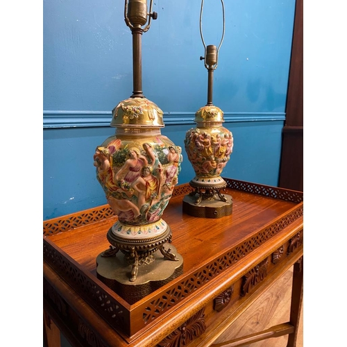 540 - Pair of decorative ceramic and gilded brass table lamps decorated with raised Classical scenes. {86 ... 