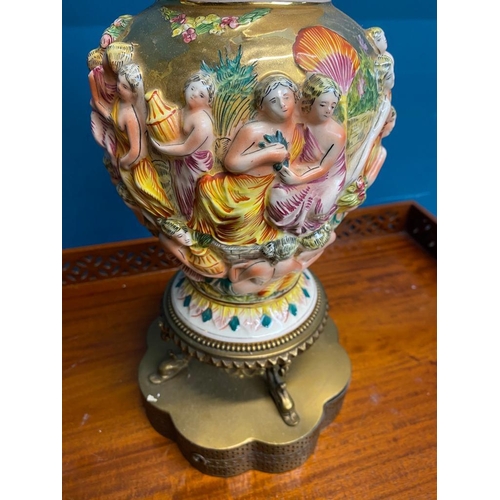 540 - Pair of decorative ceramic and gilded brass table lamps decorated with raised Classical scenes. {86 ... 