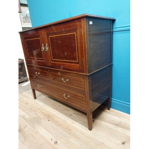 548 - Edwardian mahogany and satinwood inlaid side cabinet. {110 cm H x 122 cm W x 52 cm D}.