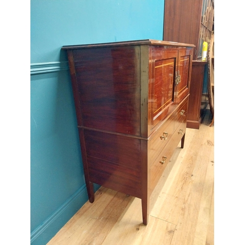 548 - Edwardian mahogany and satinwood inlaid side cabinet. {110 cm H x 122 cm W x 52 cm D}.