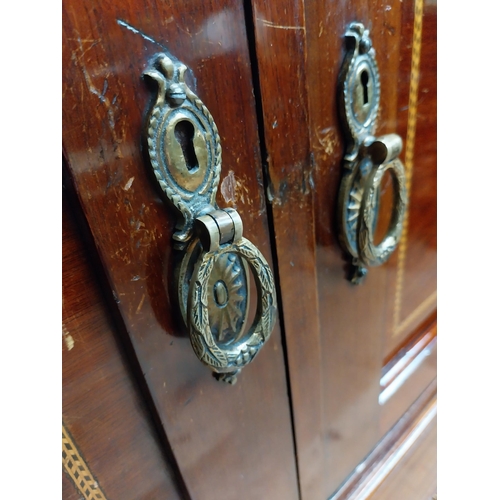 548 - Edwardian mahogany and satinwood inlaid side cabinet. {110 cm H x 122 cm W x 52 cm D}.