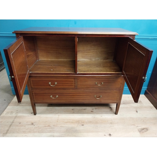 548 - Edwardian mahogany and satinwood inlaid side cabinet. {110 cm H x 122 cm W x 52 cm D}.