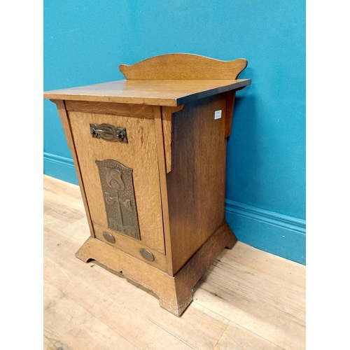 551 - Art Nouveau oak coal cabinet inset with copper panel. {62 cm H x 48 cm W x 33 cm D}.